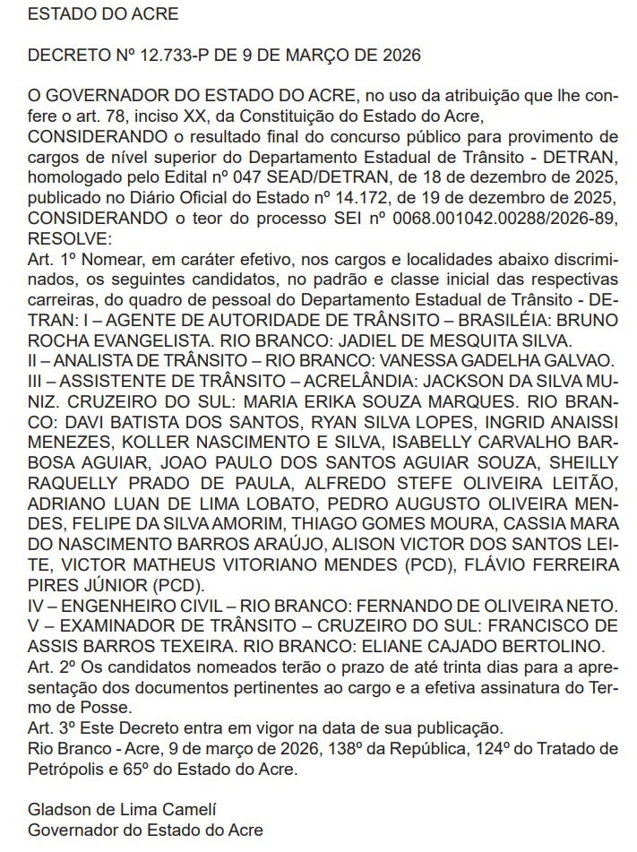 Concurso do Detran: governo nomeia novos aprovados para cargos efetivos no Acre; veja nomes