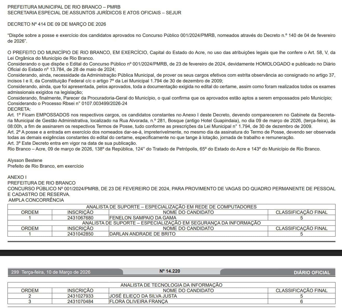 Prefeitura de Rio Branco empossa novos aprovados em concurso público; veja nomes
