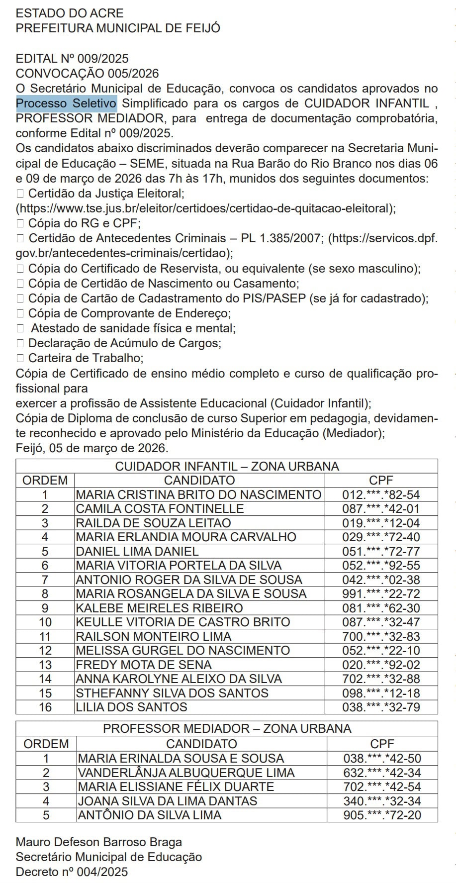 Prefeitura convoca aprovados em processo seletivo da Educação para entrega de documentos; veja nomes